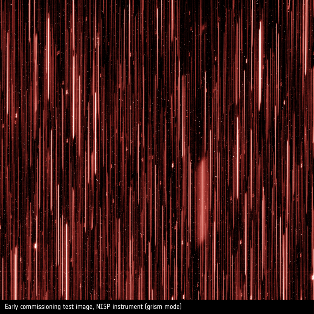 Euclid early commissioning test images, showing an image by the NISP instrument (near-infrared light), in its grism slitless spectroscopy mode. The full focal plane of NISP consists of 16 detectors, here a part of one detector is shown in full resolution. Credits: © ESA/Euclid/Euclid Consortium/NASA, CC BY-SA 3.0 IGO