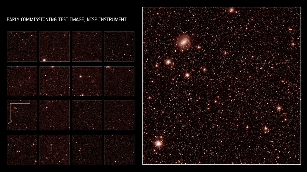 Euclid early commissioning test images, showing an image by the NISP instrument (near-infrared light). The full focal plane of NISP consisting of 16 detectors is shown on the left, part of one detector in higher resolution on the right. Credits: © ESA/Euclid/Euclid Consortium/NASA, CC BY-SA 3.0 IGO