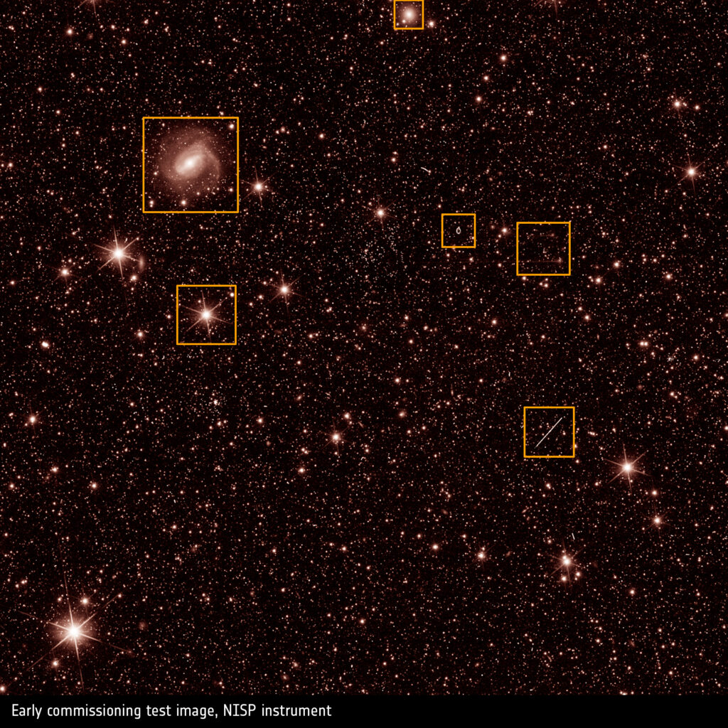 Features in the NISP First Light image. Different types of celestial objects and instrumental features are highlighted. Credits: ESA/Euclid/Euclid Consortium/NASA, CC BY-SA 3.0 IGO