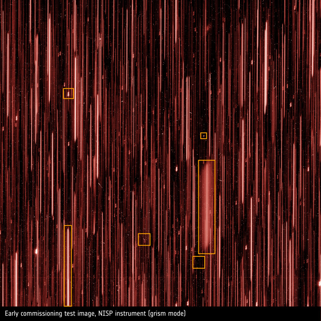 Features in the NISP First Light grism image. Different types of celestial objects and instrumental features are highlighted. Credits: ESA/Euclid/Euclid Consortium/NASA, CC BY-SA 3.0 IGO