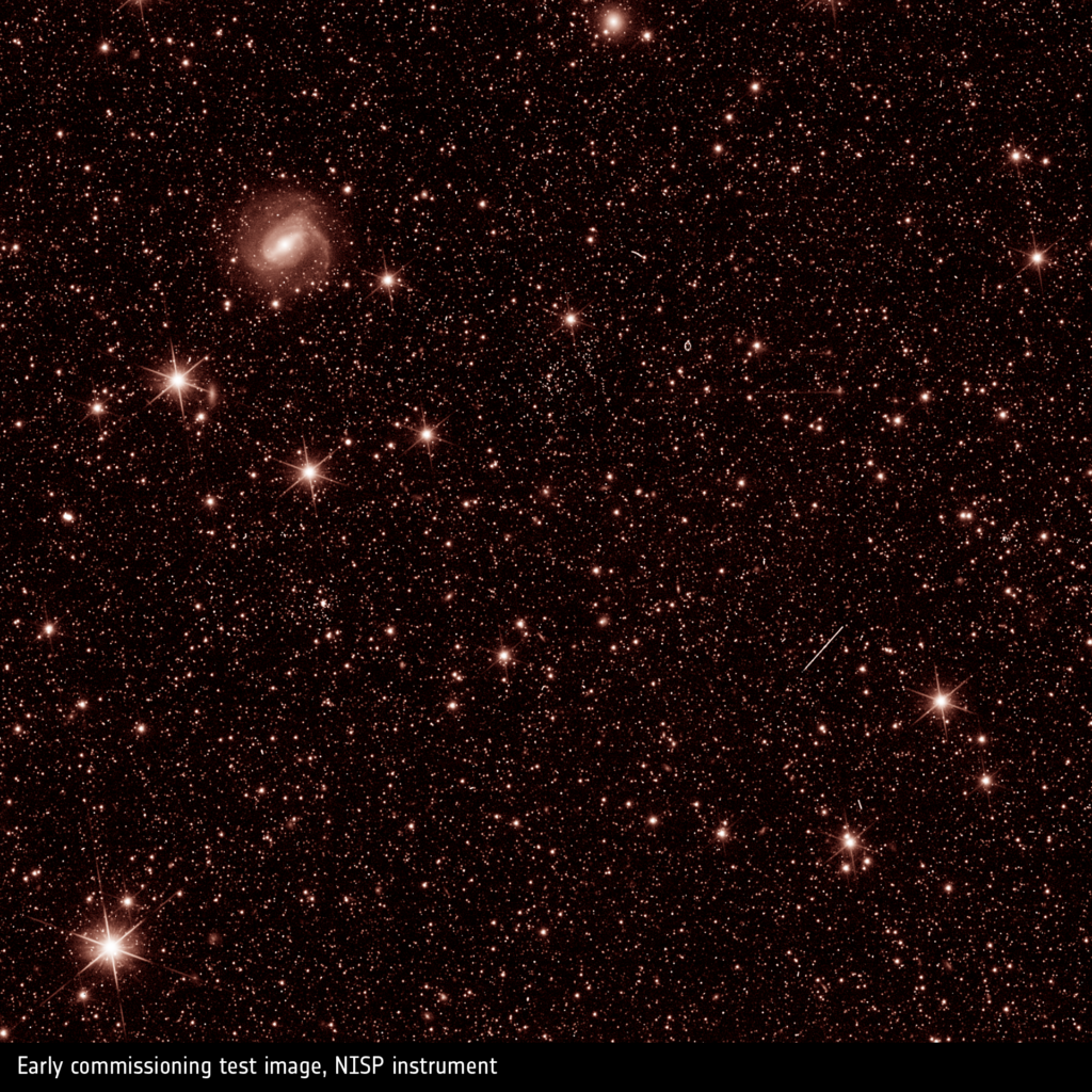 Euclid early commissioning test images, showing an image by the NISP instrument (visible light), in its direct imaging mode. The full focal plane of NISP consists of 16 detectors, here a part of one detector is shown in full resolution. 

Credits: © ESA/Euclid/Euclid Consortium/NASA, CC BY-SA 3.0 IGO